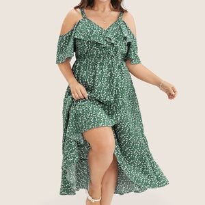 Cute Green Floral Wrap Style Cold Shoulder Dress